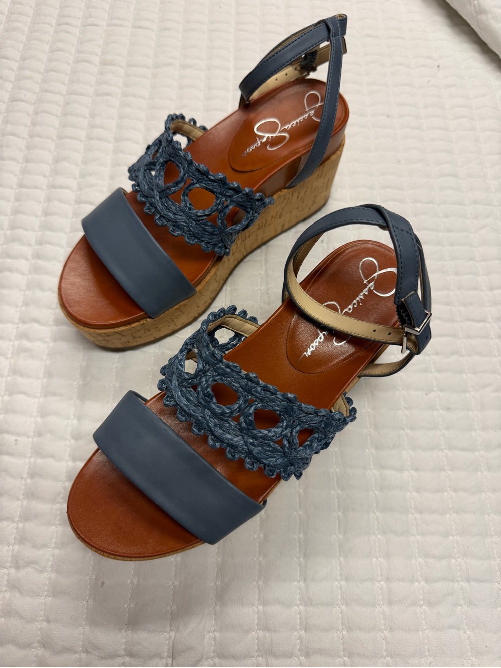 Jessica Simpson Blue Crochet & Cork Wedge Sandals